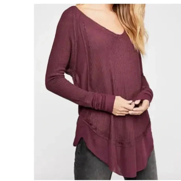 Free People Catalina Thermal Oversized Tunic Tee Waffle Knit Wine Size Small - Picture 1 of 8